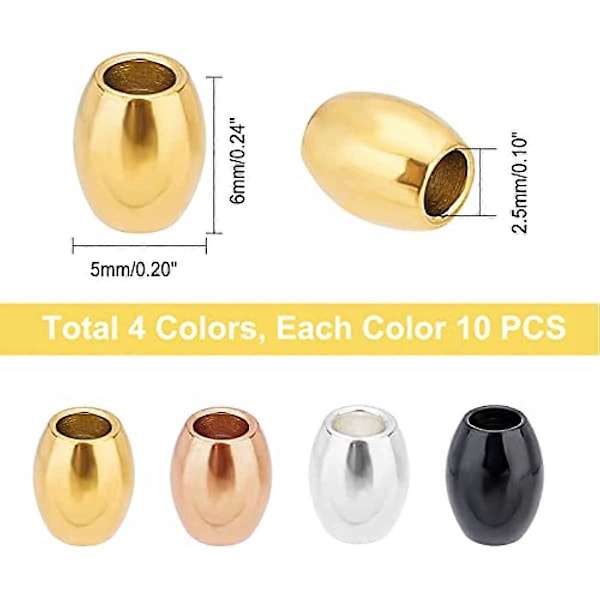 40 st 4 Färger 2,5 mm Hål Oval Lösa Pärlor 202 Rostfritt Stål Tunnformade Pärlor Metall Distans Pärlor för Smyckestillverkning