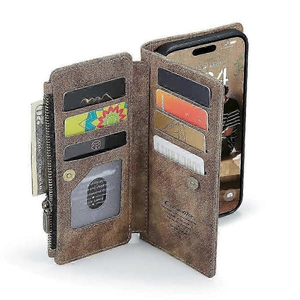 Flip Cover til iPhone 16 Plus med kortholder og rum til kørekort Brown