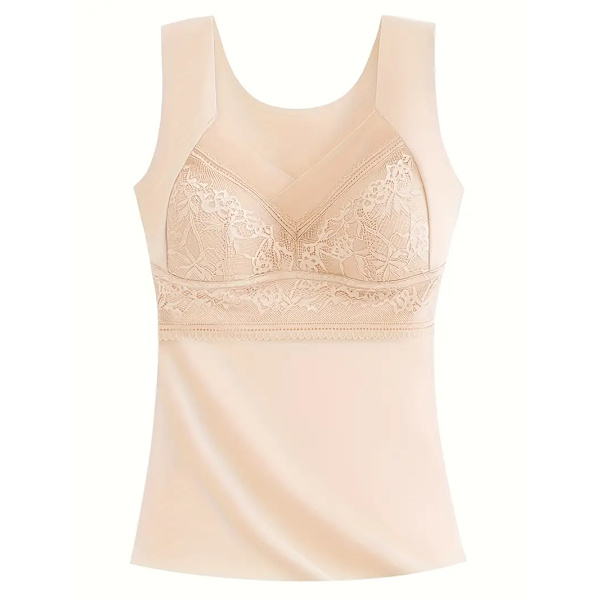 Spetsbroderad termisk underkläder, mjuk V-ringad ärmlös topp, damunderkläder & sovkläder beige XL