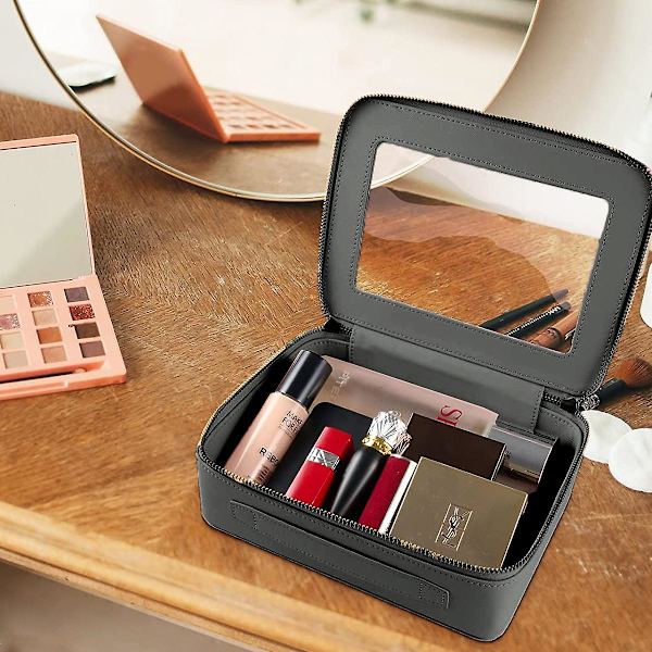 Kvinnors Bärbara Resväska för Makeup, Läder Makeup Väska Med Transparenta Fönster Och Guld Dragkedja black