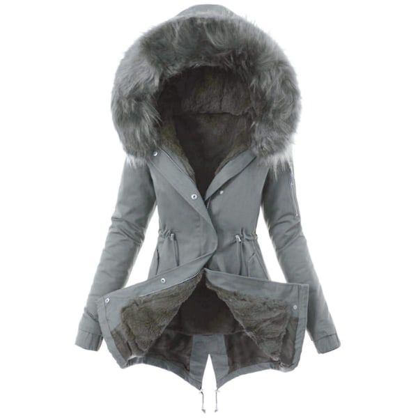 Fleeceforet hettejakke med snøring i midjen, høst vinter bomullsjakke, hette, slank, varm glidelås 2XL Gray