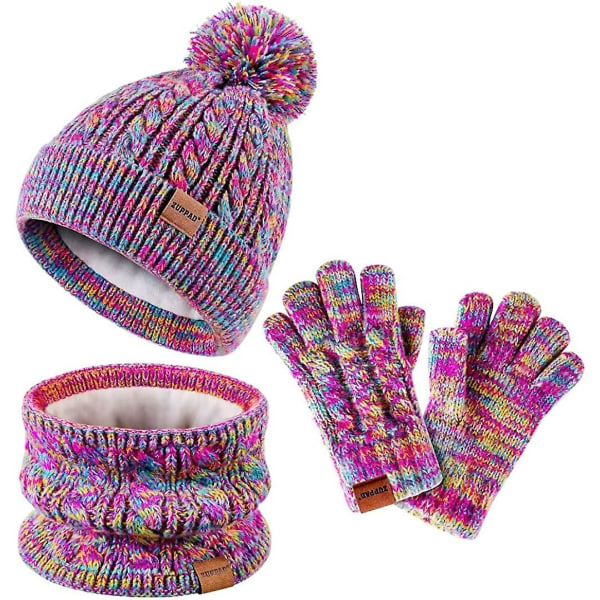 Vinterhue, handsker og halstørklæde sæt til børn, piger småbørn børnehuer beanie med pompon strikket halsvarmer gaiter vanter fleeceforet sæt