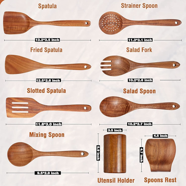 9 Dele Træ Køkkenredskabssæt, Teak Køkkenredskaber med Holder, Træske og Non-Stick Træspatel