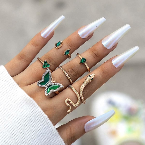 6 Pices Papillon Vert Knuckle Crystal Snake-shape Ring Set Water Drop Imitation Emerald Finger Joint Stackable Ring Jewelry Pour Femmes Et Filles