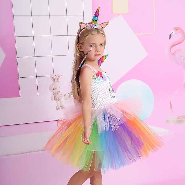 Enhörning Prinsessa Blomsterflicka Tutu Klänning Regnbåge Kostym Med Hårband M