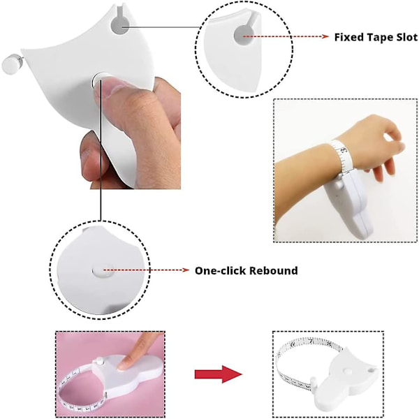 Kroppsmåttband - 150 cm (60 tum), enhandsgrepp, kompakt ergonomisk design (vit)