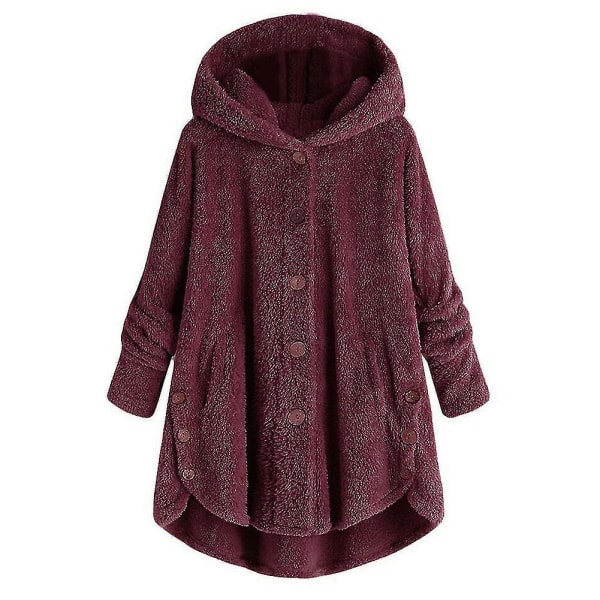 Kvinnors vintervarma fluffiga överrock knappjacka toppar lös huva ytterkläder 2XL F