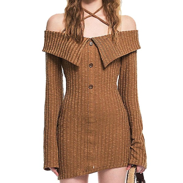 Dame Sweater Kjole Sexet Langærmet Strikkede Slå-om Kjoler Brown L