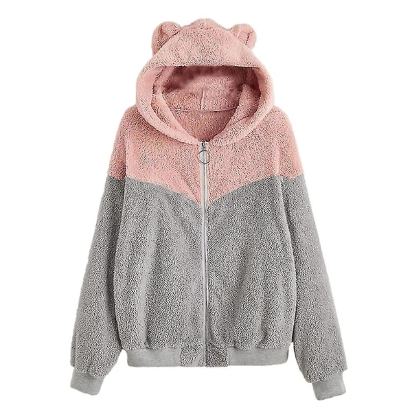 Kvinnors vinterplyschtröja med dragkedja och foder med söt björnöronhuva M Solid Pink