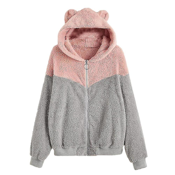 Kvinnors vinterplyschtröja med dragkedja och huva med söta björnöron L Solid Grey