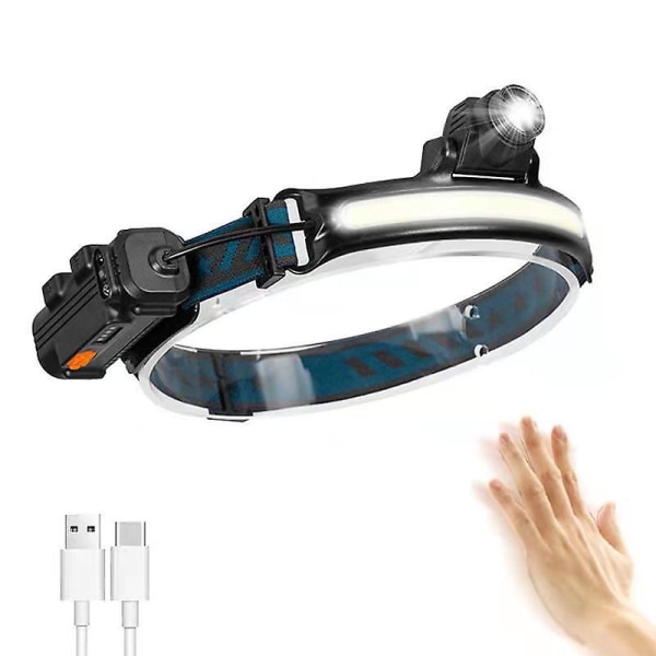 Pannlampa, USB uppladdningsbar LED-fackla, Ip65 vattentät zoomhuvudlampa med känsligt sensorläge för fiske, camping