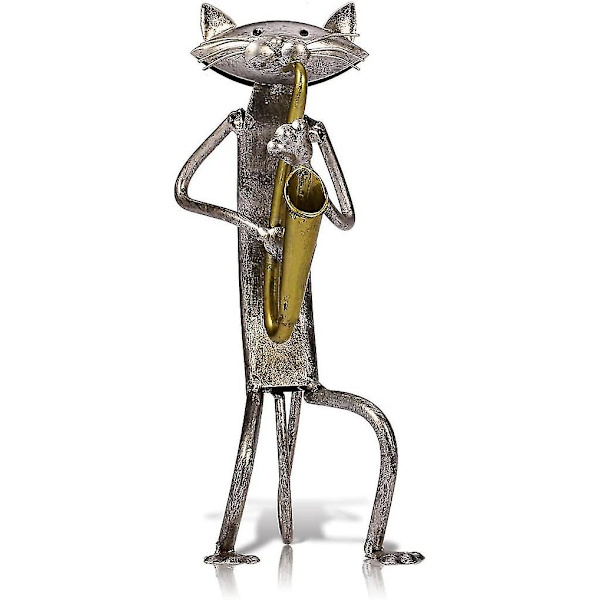 Metallskulptur Katt Figur Present Till Thanksgiving/Jul Staty Prydnad Hantverk Heminredning (Saxofon Katt)(1st, Silver)