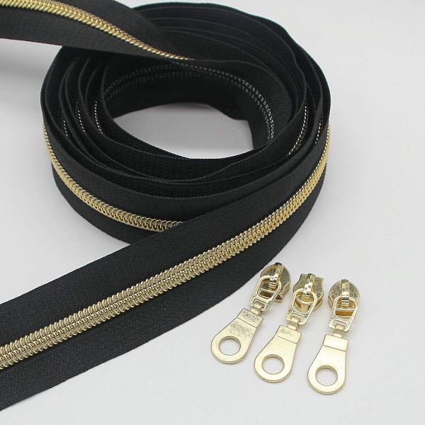 #5 Guld Metallic Nylon Lynlåse På Meter Mål Bulk 10 Meter Sort Bånd Med 25 stk. Guld Slidere Til DIY Syning Skrædder Håndværk Taske (sort)