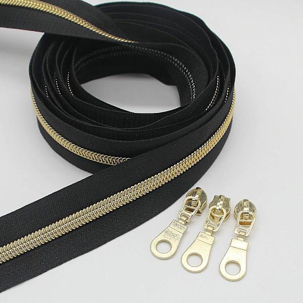 #5 Guldmetallisk Nylon Spolblixtlås Per Meter Bulk 10 Meter Svart Tejp Med 25 st Guldreglage För Diy Sömnad Skräddare Hantverk Väska(svart)