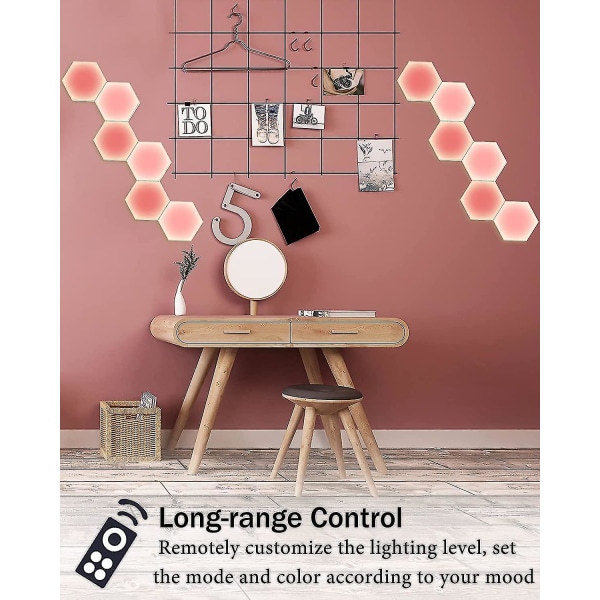 Sekskantlys med fjernkontroll, smarte DIY sekskantede vegglamper, doble kontroll hexagonale LED-lys veggpaneler med USB-strøm