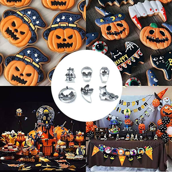 6 st/set Halloween kakform i rostfritt stål, enkel att lossa, tryck på DIY pumpa spöke skalle kexform, bakformssats, köksbakningsverktyg, mycket bra Silver