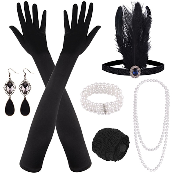 6-delad 20-tals accessoarer, 1920-tals accessoarset, Great Gatsby festkläder kvinnor med flapper pannband handskar pärlhalsband örhängen