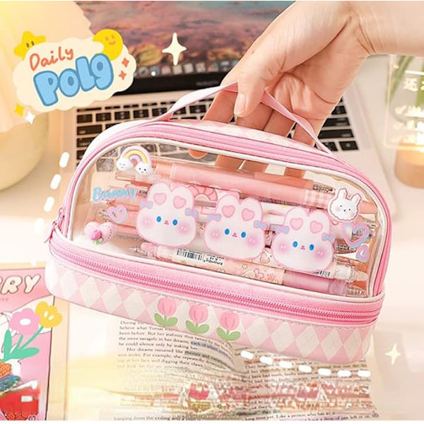Penneetui med stor kapacitet Kawaii 2 rum pose penalhus japansk kanvas kontorartikler penholder æstetisk beige