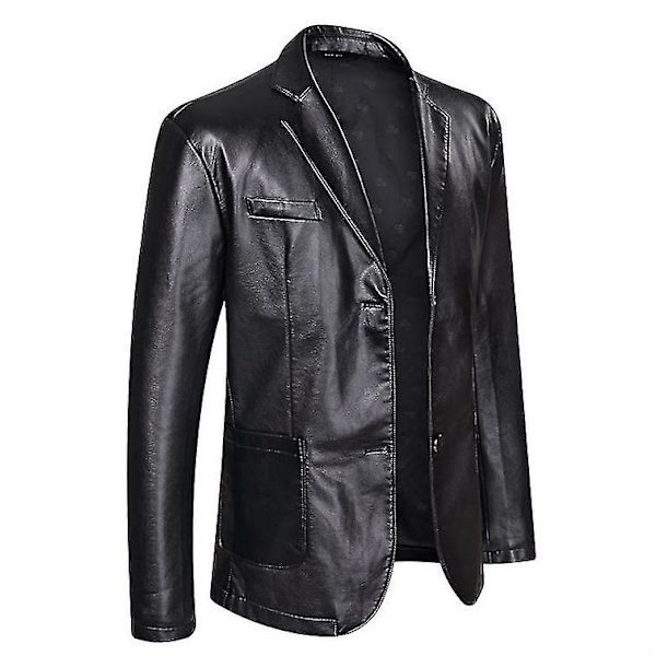 Herr Casual Notch Krage 2 Knapp Slim Faux Läder Blazer Kostym Jacka Black 4XL