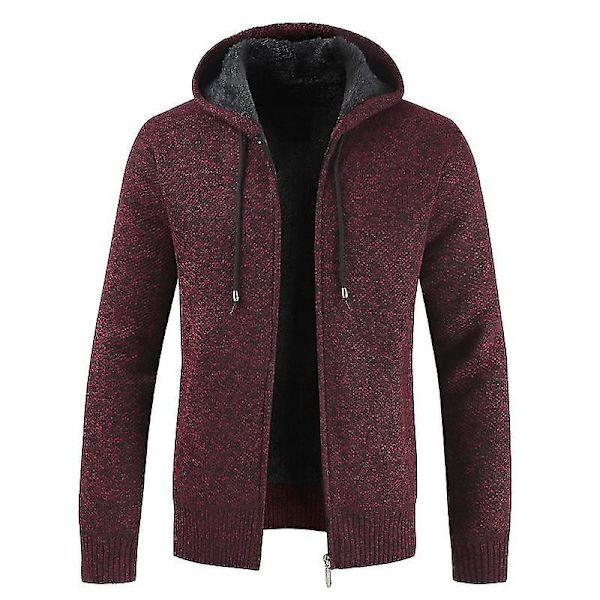 Herre Casual Strik Hættetrøjer Lynlås Hætte Fleece Langærmet Sweatshirt Vinter Opvarmning 4XL Wine Red