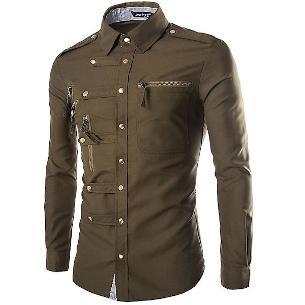 Herr Slim-fit långärmad, Fashion Casual långärmad skjorta Green M