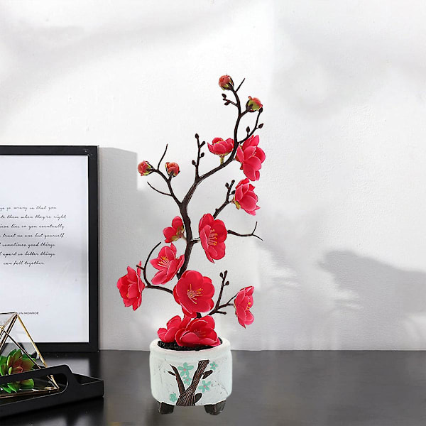 Simulerade blommor, gröna växter, krukväxter, simulerade plommonblommor krukväxter, heminredning, festdekoration Rose red