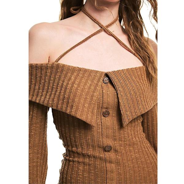 Dame Genser Kjole Sexy Langermet Strikket Omslagskjole Brown M