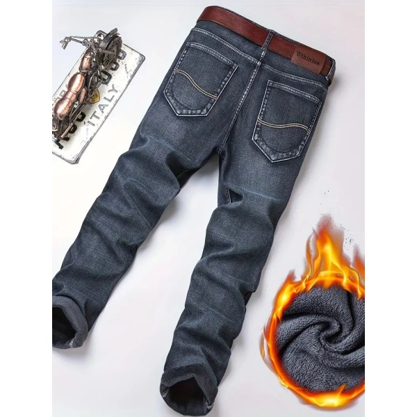 Herr Fleece Jeans för affärer, Casual Street Style Denimbyxor med fickor för höst vinter black Asia 32