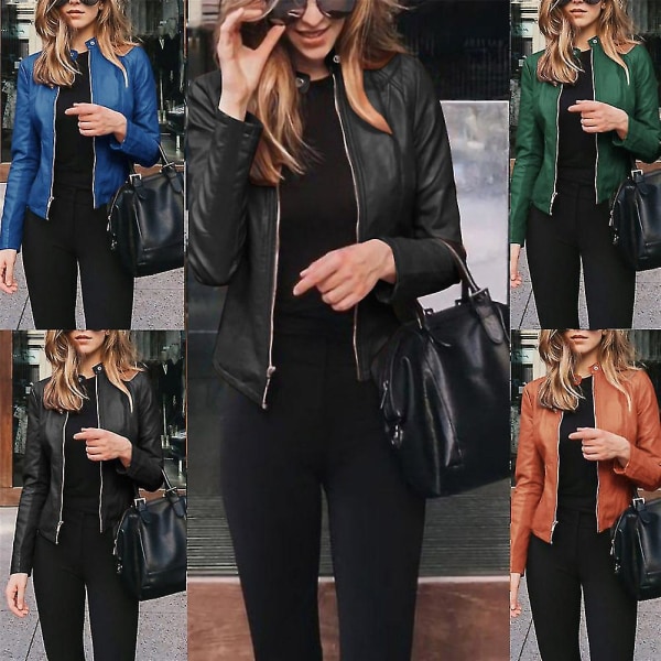 Dame PU Skinn Blazer Jakker Glidelåser Ståkrage Kontor Mote Kåpe Yttertøy 2XL B