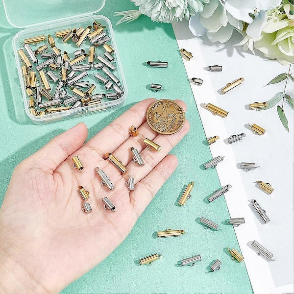 100 stk. 5 Størrelser 2 Farver Rustfrit Stål Slide On End Clasp Tubes Slider End Caps Crimp End Tube Slider Clasp til Seed Beads Halskæde Armbånd Smykker