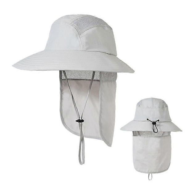 UPF 50+ Solkeps Herr Dam Bredbrättad Fiskehatt med Nackskydd Andningsbar Solhatt Light Gray