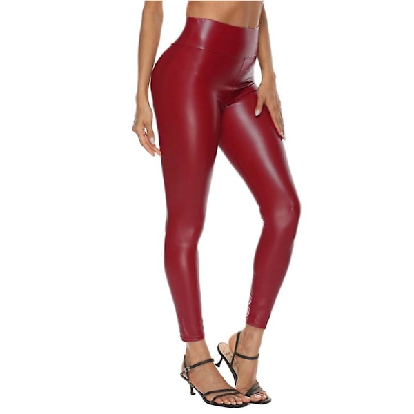 Dame Stretchy Leggings Bukser, Sexede Højtaljede Bukser i Kunstlæder Red M