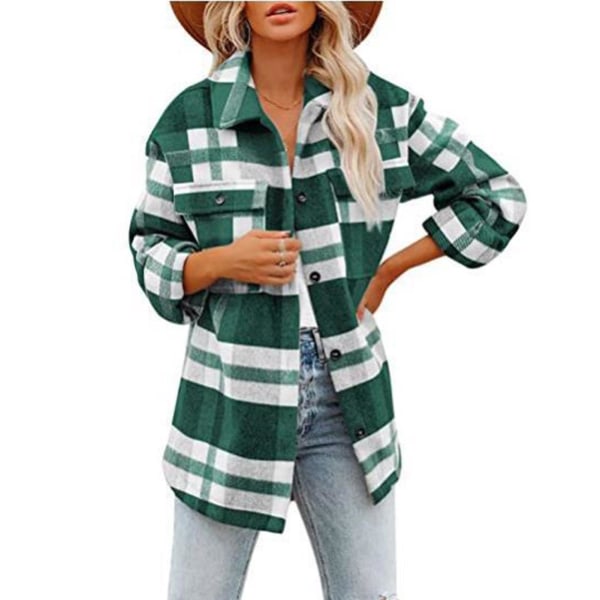Flanelljakke for kvinner, løs modell, nedbrettskrage, rutemønster, enkelknepping, avslappet XL Green