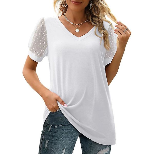 Naisten kesäinen lyhythihainen V-aukkoinen rento pusero White XL
