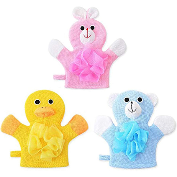 Badesvamp til børn, ikke-giftig, hudvenlig blød frotté badedukke, badehansker, frotté badehansker 3-delt sæt, (Tegneserie