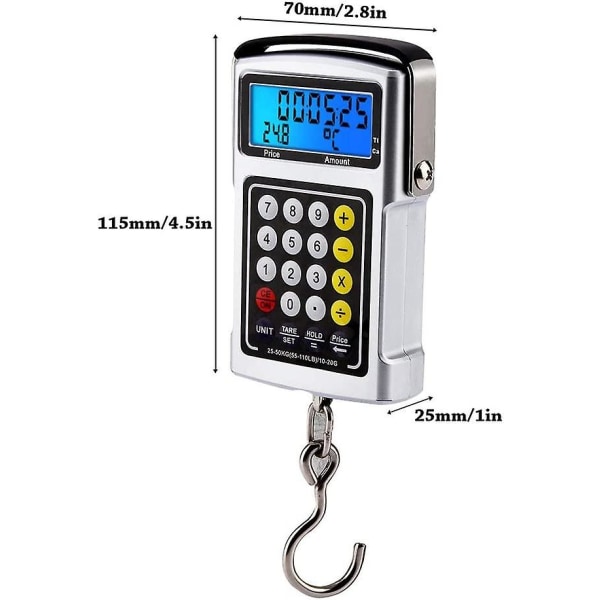 Fiskvåg, bakgrundsbelyst LCD-display 110 lbs fiskevågar med måttband, elektroniska vågar digital fiskekroksvåg