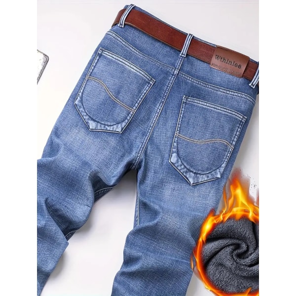 Varma fleecejeans för män för företag, casual jeansbyxor i streetstyle med fickor för höst och vinter blue Asia 28