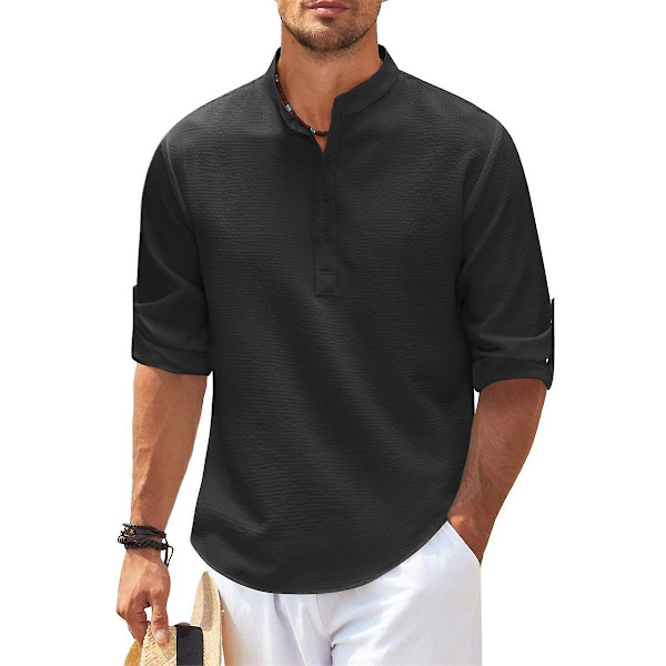 Herr Casual Button Down Skjortor, Långärmad Stående Krage Business Skjorta Black 4XL