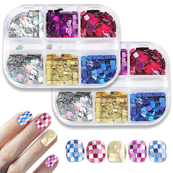 2 st fyrkantiga glitter nagelkonst paljetter, rektangulära glitter flingor design för flickor nageldekorationer