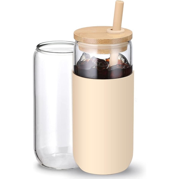 20 oz glasvattenglas med skyddshylsa i silikon - ölburkformade glaskoppar med sugrör och bambulock, iskaffeglas, söt dricksvatten