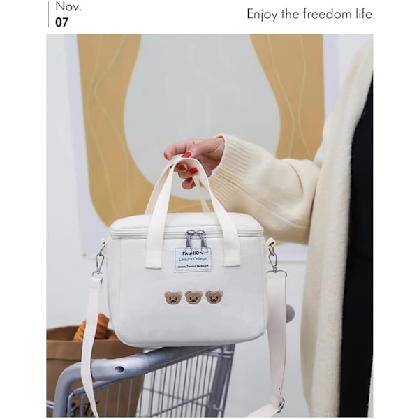 Æstetisk Kawaii sød broderi bjørn madkasse taske med stropper isoleret vandtæt holdbar taske til kvinder kontor skole hvid