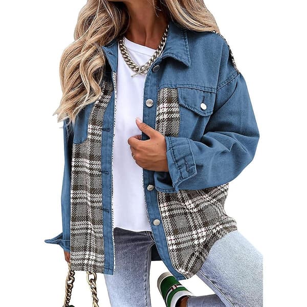 Dame Denimjakker med Knapper, Langærmede Afslappede Skjorter Blue S