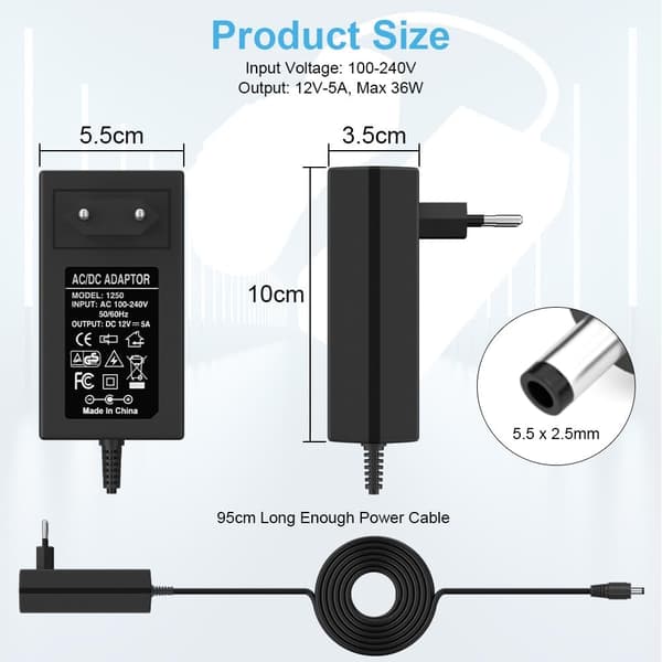 Universal strømforsyning, 12V 5A AC-adapter 60W, notebook-oplader, universal DC multifunktionel strømforsyning med LED-lys, velegnet til LED-lys