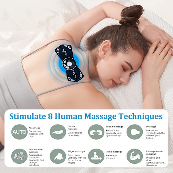 Nackmassage, bärbar nackmassage med fjärrkontroll, 8 lägen 18 nivåer justerbar, lymfdränage mininackmassage (mt-1pc)