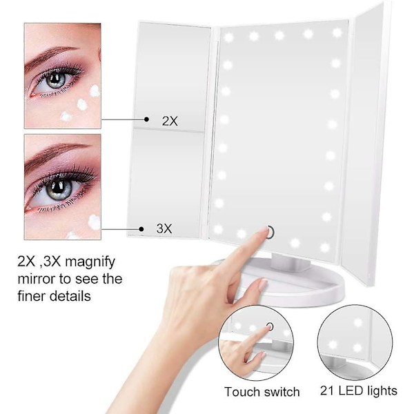 Makeup Spejl, triptykon Forstørrelsesspejl 21 stk. LED'er, 10x/3x/2x Belyst Spejl Touch Screen, dobbelt Strømforsyning, 180 Justerbar
