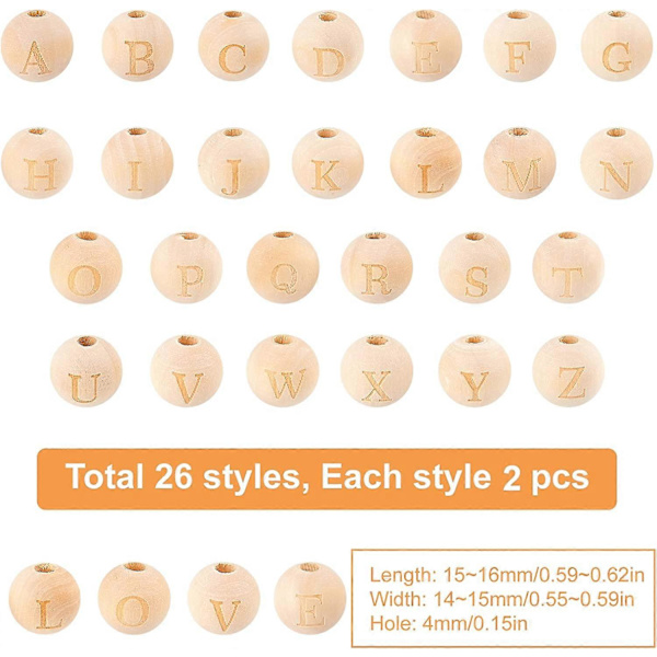 52 kpl A~Z Puu Aakkoset Kirjainhelmet Pyöreät Puuhelmet Reiällä Helmien Reikä: 4mm