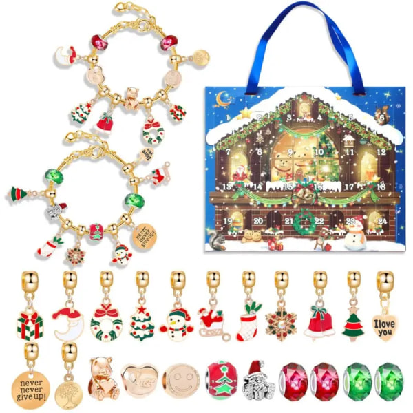 1 stk., Jule 24 Grid Nedtællingskalender Blind Box Sæt Jul Kreativ Håndlavet DIY Børnearmbånd Gaver Juledekoration blå
