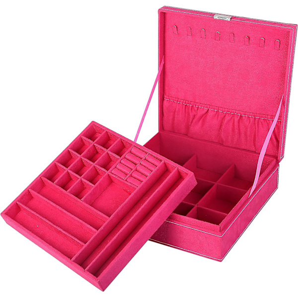 To-lags smykkeskrin Organizer Display Opbevaringskasse med lås (Rose)