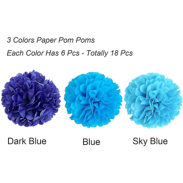 Pakke med 18, Blå Pom Pom Blomster, dekorasjon Papirsett for Fest blue