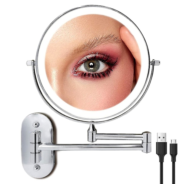 Uppladdningsbar Ljus Makeup Spegel Väggmontering, Utökbar Dubbelsidig Fåfänga Spegel Med 10x Förstoring, 8 Tums Led Förstorings Spegel Med 3 Färg Chrome